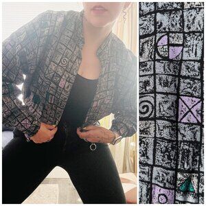 Price FIRM Vintage 80s 90s Grey Abstract Print Button Down Blouse Jacket | S/M